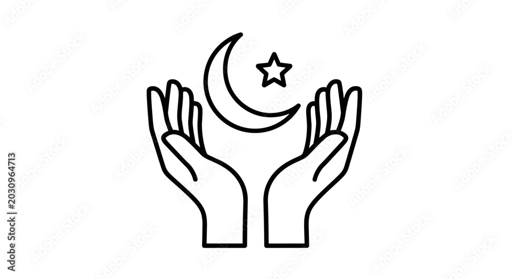 Fototapeta premium Islamic prayer hands line icon with crescent moon and star, Muslim religious worship symbol, spiritual Ramadan and Eid Mubarak vector illustration