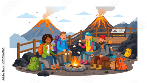 Foto Volcano Campfire Gathering: A group of happy hikers roasts marshmallows over a campfire with two erupting volcanoes in the background, embracing adventure and camaraderie