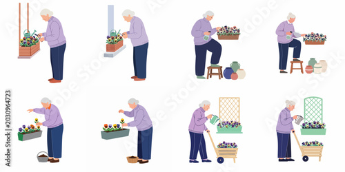 Foto Senior woman gardening character set showing her watering, pruning, and planting