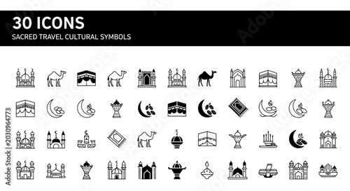 Foto Islamic sacred travel cultural symbols, set of 30 icons in black line and solid