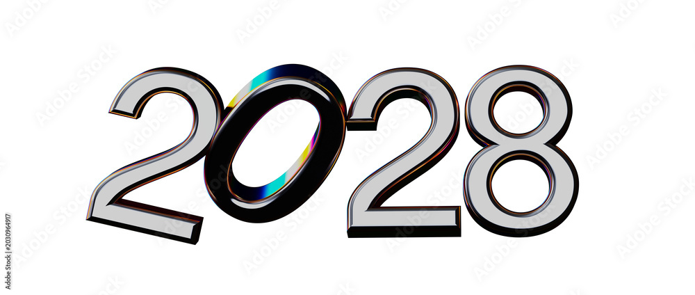 Fototapeta premium 3D render of the year 2028 with a shiny, futuristic design against a white backdrop. Perf