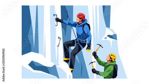 Foto Ice Climbing Expedition: Two adventurers ascend a frozen waterfall, their crampons and ice axes biting into the icy surface, showcasing determination and skill in a challenging winter sport