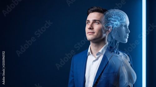 Young man in blue suit with translucent humanoid robot overlay showing brain circuitry and torso, futuristic concept of human and artificial intelligence integration, optimistic mood
