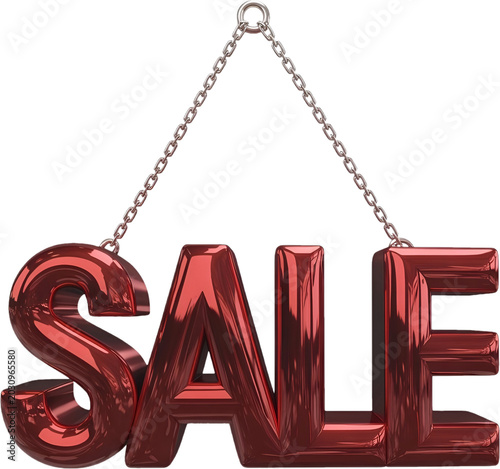 3D rendered red SALE text hanging on a metallic chain isolated