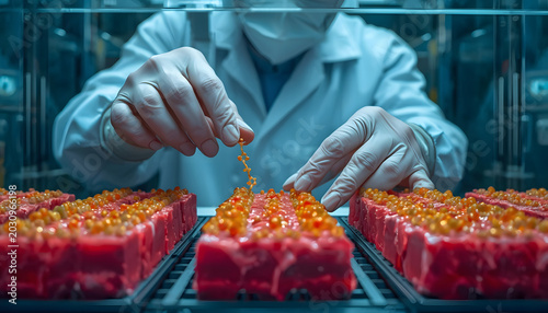 technician's hands expertly manipulate the cultured muscle cell, created with generative ai