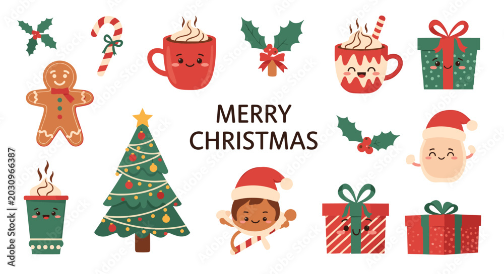 Fototapeta premium Collection of adorable Christmas-themed characters and icons with smiling faces, including a gingerbread man, tree, and festive hot chocolate.
