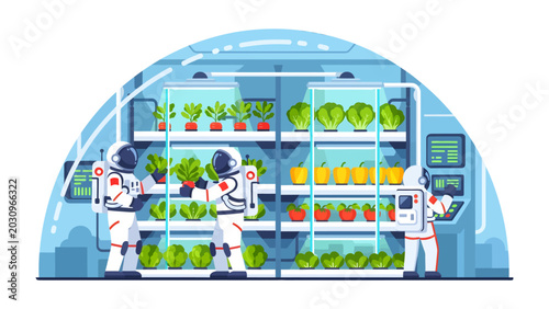 Konstfotografi Cosmic Cultivation: Astronauts in a futuristic biodome tend to a vertical farm, cultivating fresh produce under specialized lighting, representing innovation in extraterrestrial agriculture