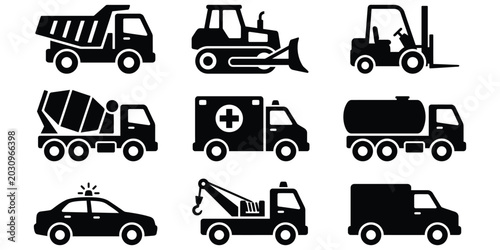 Heavy construction emergency service vehicles silhouette icons set including dump truck ambulance