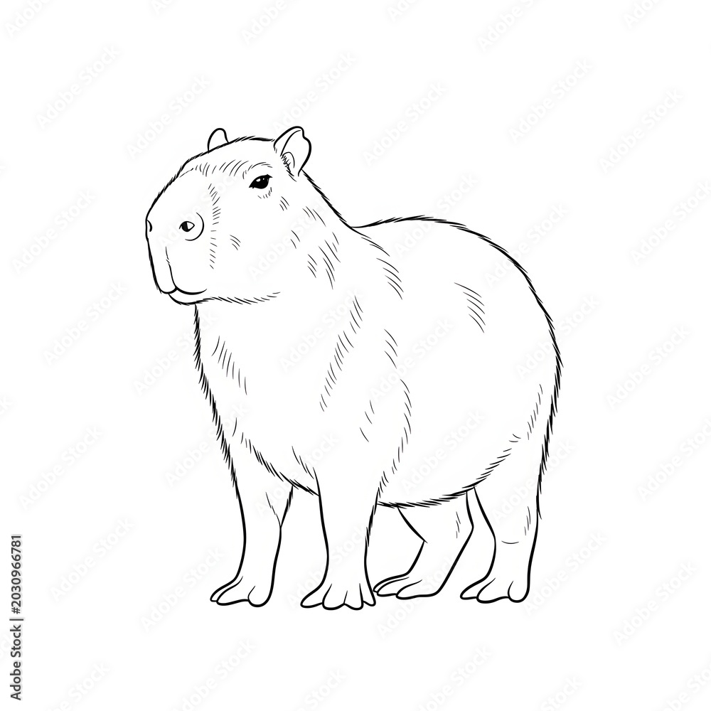 Obraz premium Capybara Line Art Sketch Side View Standing on White Background
