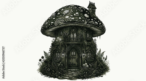 Whimsical illustration of a mushroom house.