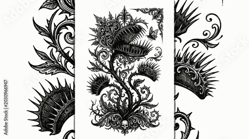 Intricate floral patterns with thorns and leaves.