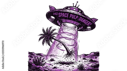 a purple illustration of a UFO landing on a tropical island with palm trees.