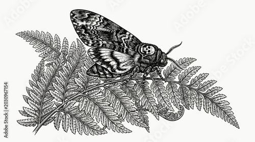 Detailed illustration of a moth on ferns.