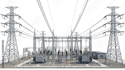 Electrical substation with power transmission towers.