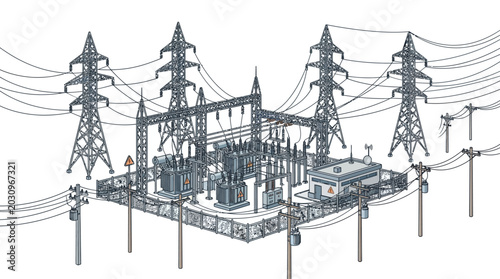 Electric power transmission substation and towers.