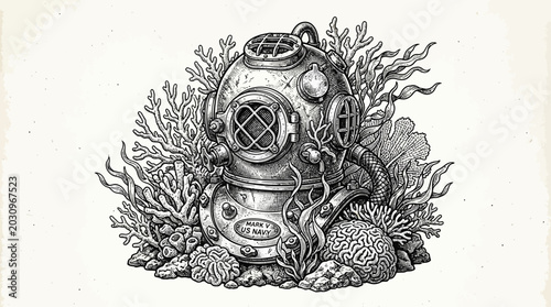 Vintage diving helmet with sea creatures.