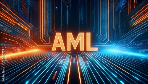 futuristic digital background featuring glowing blue and orange lines with aml text symbolizing technology and innovation