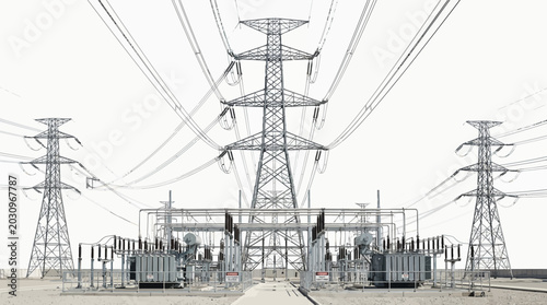 Electrical power transmission towers and substation infrastructure.