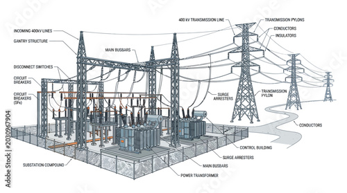 Electric power transmission substation and towers infrastructure.