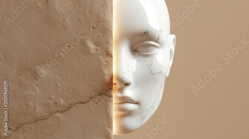 Close-up of a white classical sculpture face with a cracked wall background.
