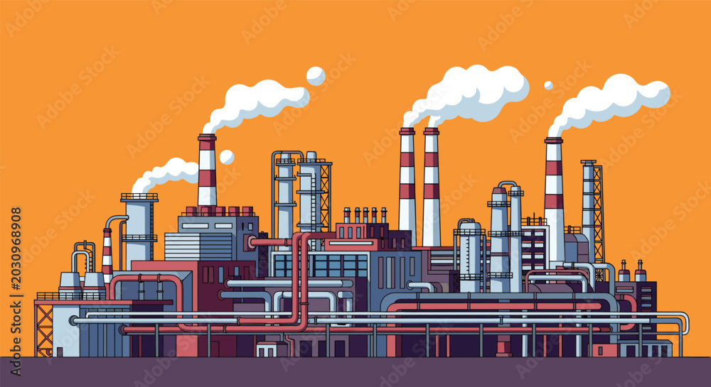 Fototapeta premium Industrial factory refinery plant with smoking chimneys