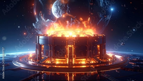 Futuristic Sci-Fi Structure Engulfed in Cosmic Flames Above Alien Planet.