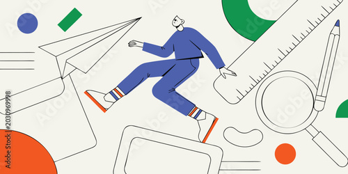 Photos Creative marketing and education concept with person jumping among stationery it