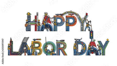 Happy Labor Day Creative Typography: A vibrant and intricately designed typographic illustration celebrates Labor Day with a whimsical construction theme, featuring letters built from gears, tools.