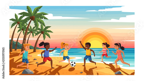 Photography Beach Soccer Fun: Children joyfully play soccer on a tropical beach at sunset, with palm trees swaying and waves gently lapping the shore