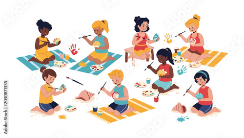 Kids Crafting Outdoors: A vibrant group of children engages in an art class outdoors, painting and creating crafts on colorful mats, fostering creativity and imagination.