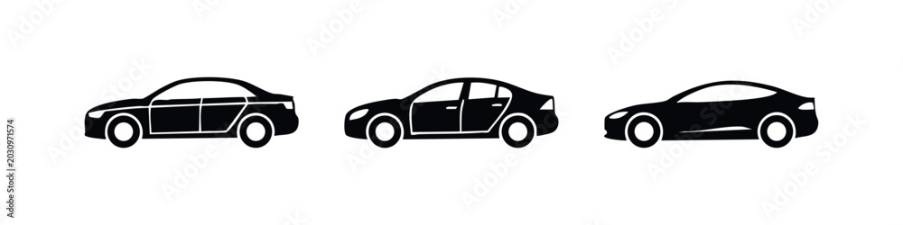 Fototapeta premium Set of three black car silhouette icons, side view.