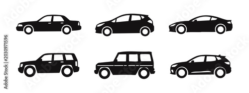 Tableau sur toile Collection of six black car silhouette icons, side view.