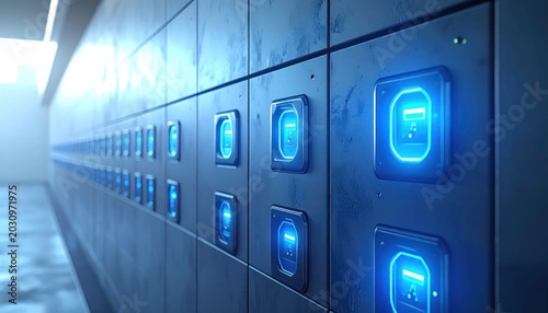 Futuristic Row of Glowing Blue Digital Lockers in a Modern Facility.