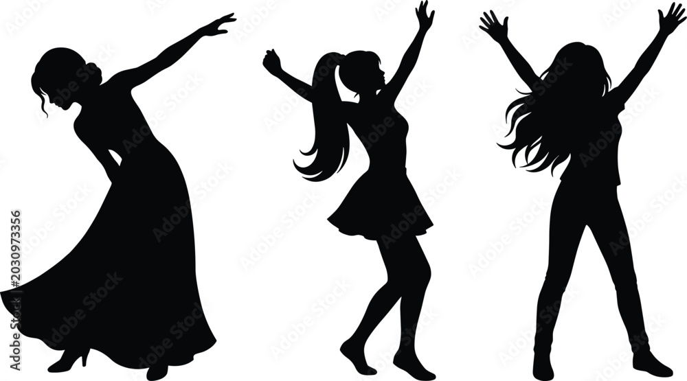 Fototapeta premium Three silhouetted figures raising arms in triumph on white background three people celebration
