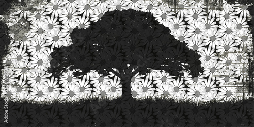 Vászonkép Black and white floral grass pattern with snowflakes and winter nature design