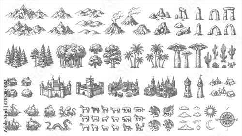 Fantasy map elements vector illustration in vintage engraving style