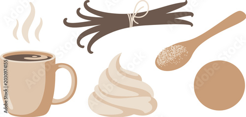 Bild auf Leinwand Flat, vector illustration of hot coffee cup with bundled vanilla beans, whipped cream, and sugar spoon in cozy café style ideal for beverage branding, menu design, and coffee shop graphics