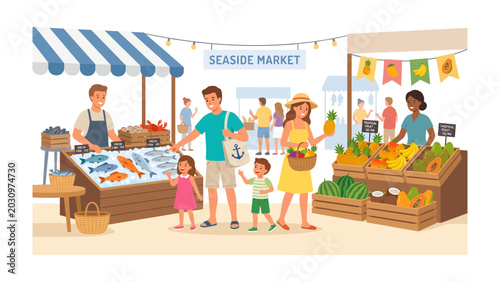 Cuadro en lienzo Seaside Market Bustle: Families explore a vibrant seaside market, browsing fresh produce and seafood under colorful awnings