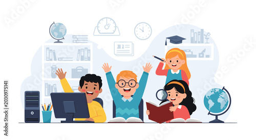 Group of happy and enthusiastic children learning in a classroom equipped with a computer, books, a globe, and school supplies.