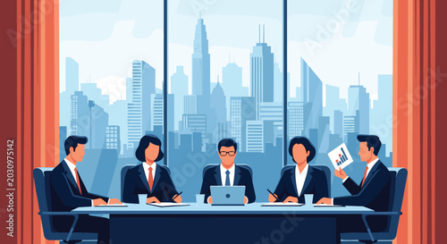 Group of business professionals sitting around a table in a modern boardroom with a panoramic view of a large city skyline.