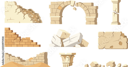 Bild auf Leinwand Ancient Ruins and Broken Wall Vector Collection Featuring Cracked Stone Arches,