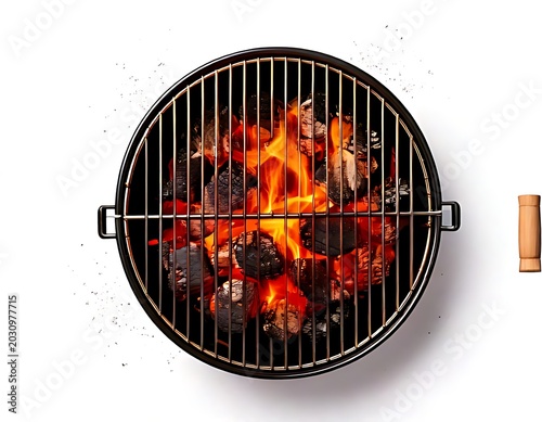 Isolated top view of a grill with fire coals against a white background