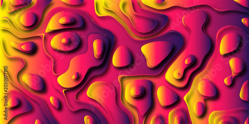 Foto Vibrant abstract 3D topographic map with flowing liquid shapes in neon pink yell