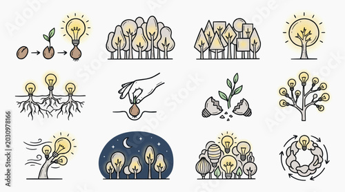 Collection of Conceptual Illustrations Depicting Ideas Growing Like Trees and Plants