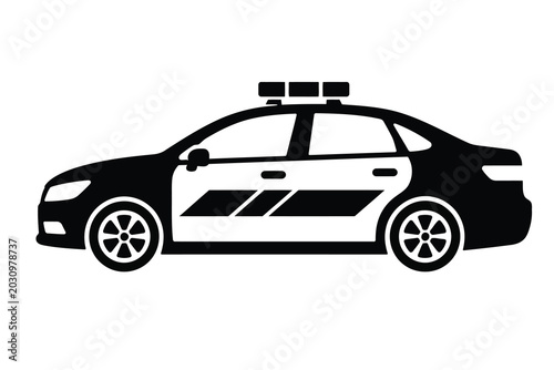 Black police car vector illustration. Cop cruiser sedan side view silhouette.
