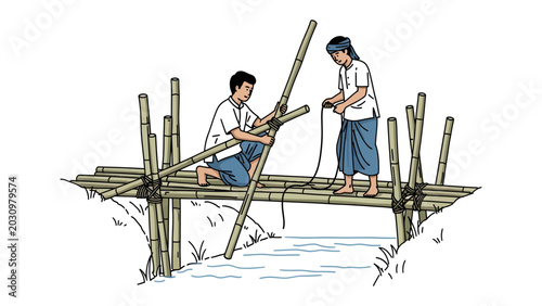 Fotografie Building a Bamboo Bridge: Two people work together to construct a simple bamboo bridge over a small stream, demonstrating resourcefulness and teamwork
