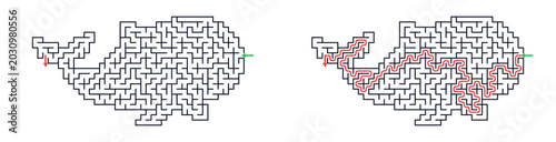Maze designs featuring stylized whale shapes on white background  