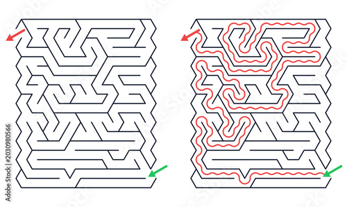 Maze puzzle with solution displayed in red on white background  