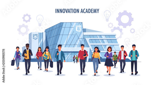 Fotografía Innovation Academy Campus Scene: Students, diverse in background, walk towards a modern glass-facade building labeled INNOVATION ACADEMY, symbolizing education and future progress