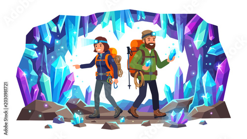 Photos Cave Exploration Adventure: Two hikers with headlamps and backpacks venture deep into a luminous cave adorned with shimmering crystal formations, on an exciting exploration